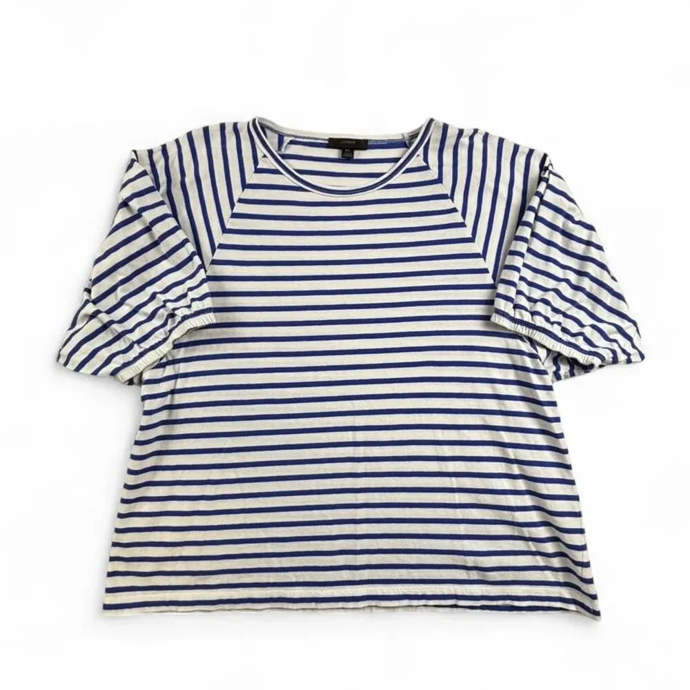 J.Crew Striped Tee Womens XL Blue White Puff Sleeve Shirt Preppy Cotton Top